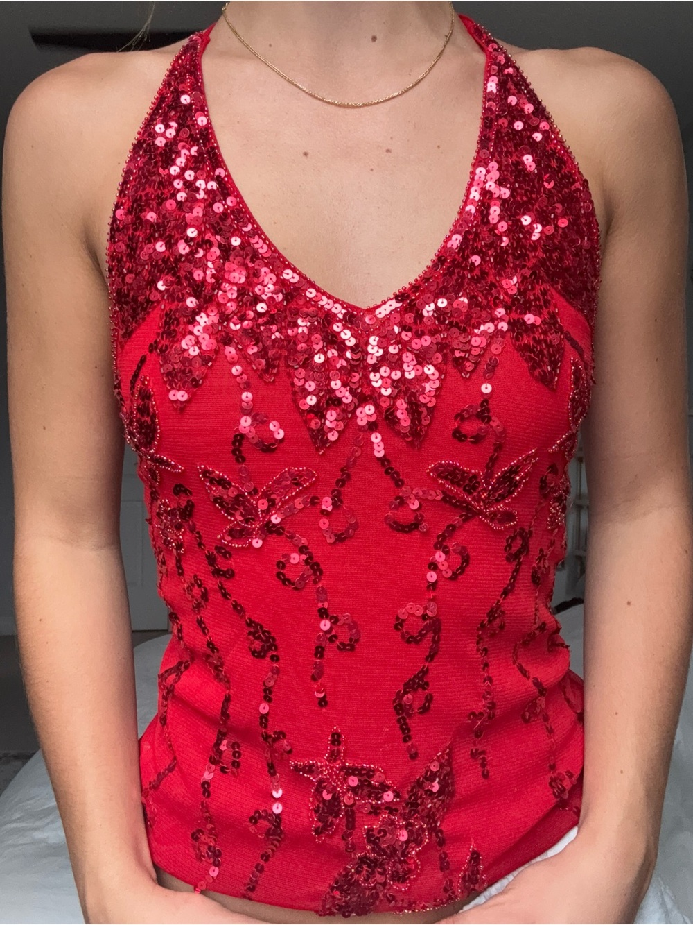 Red Sequin Halter Camisole Top